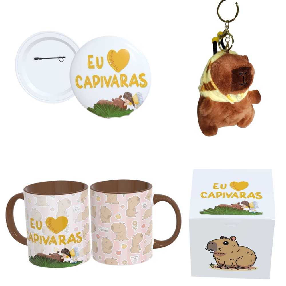 Kit Presente Capivara – Caneca + Pelúcia + Botton + Caixa Decorada