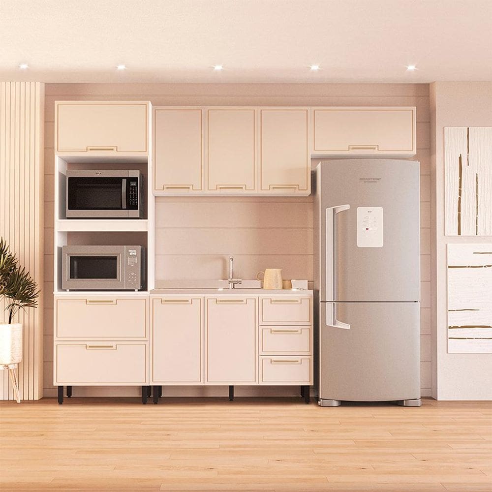 Cozinha Compacta Sem Tampo Amara 8 Portas 4 Gavetas Creme e Branca