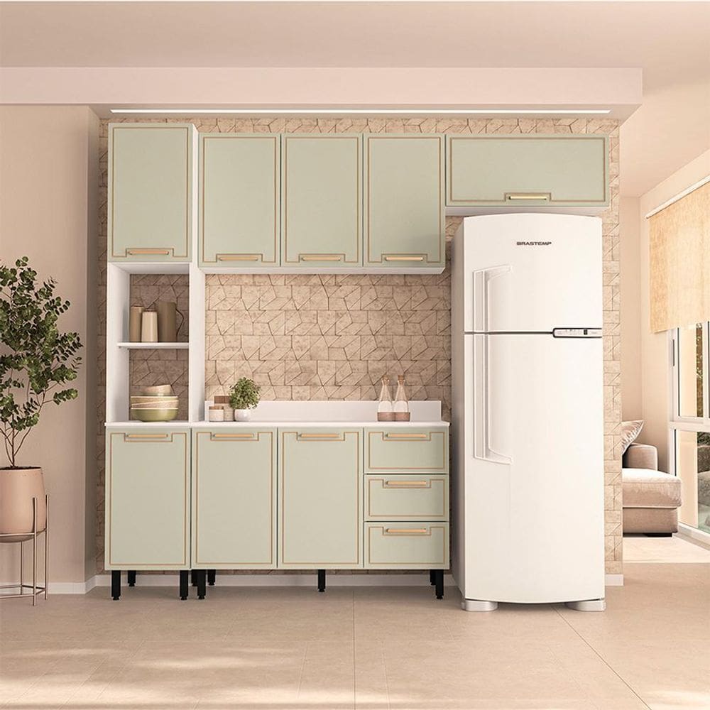 Cozinha Completa com Tampo Amara 8 Portas 3 Gavetas Verde e Branca