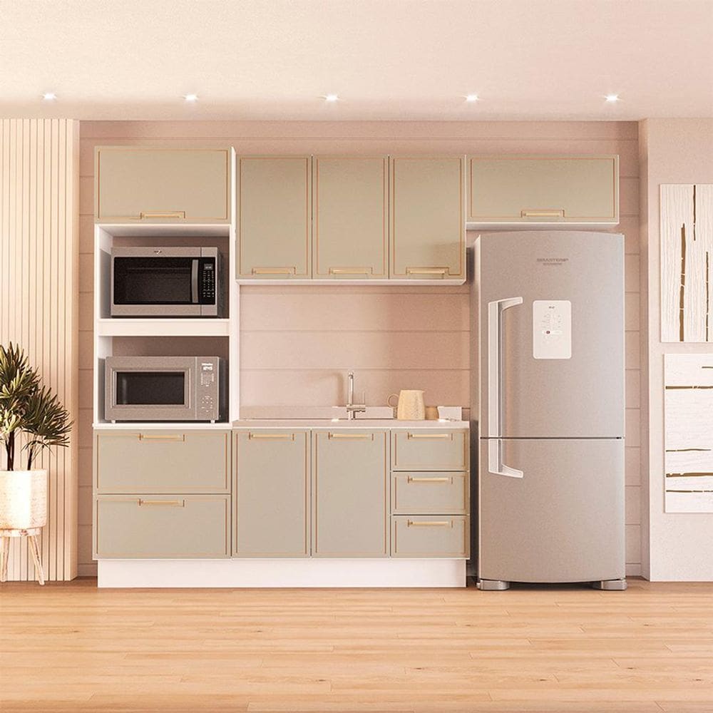 Cozinha Compacta Sem Tampo com Rodapé Amara 8 Portas 4 Gavetas Verde e Branca