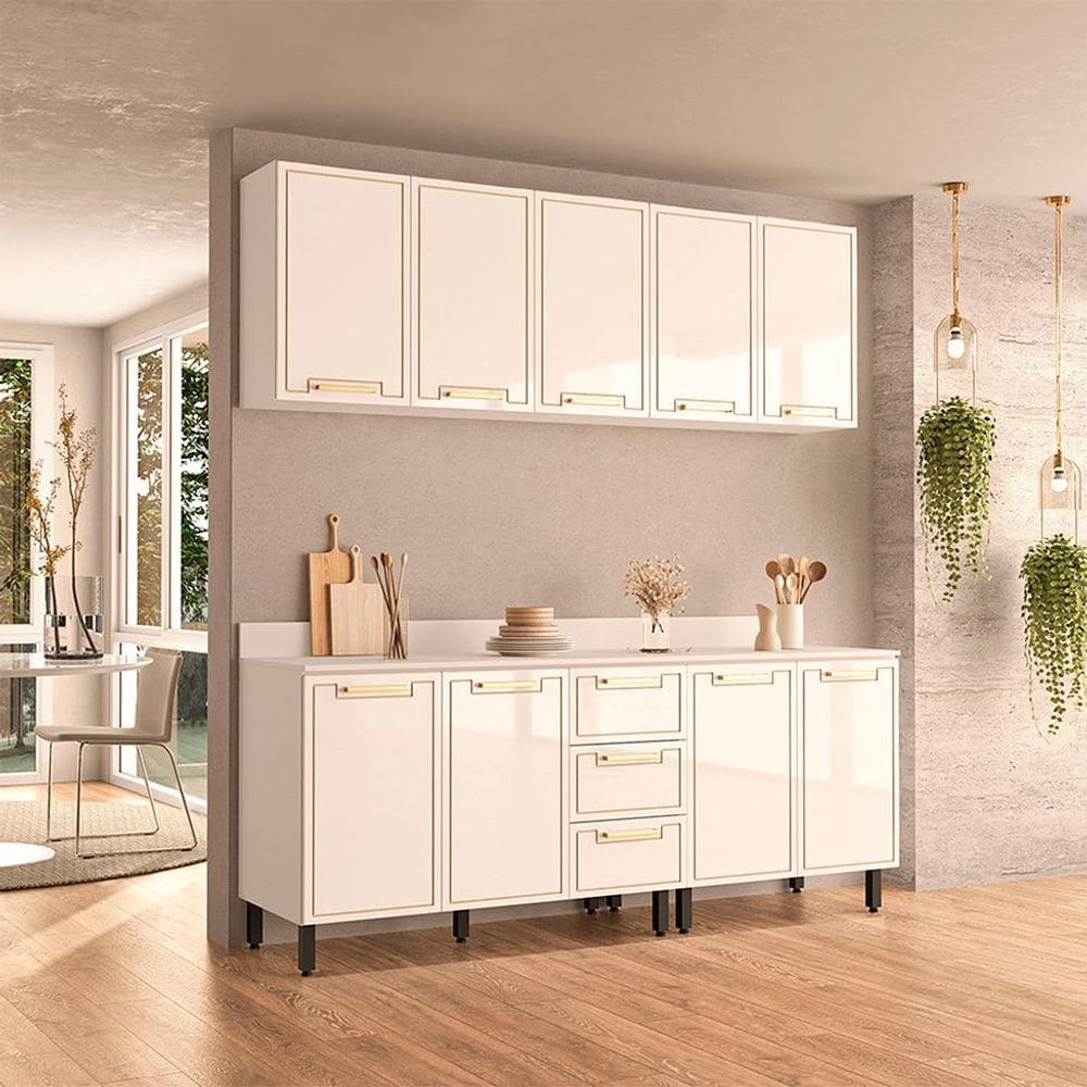 Cozinha Completa com Tampo Amara 9 Portas 3 Gavetas Branca