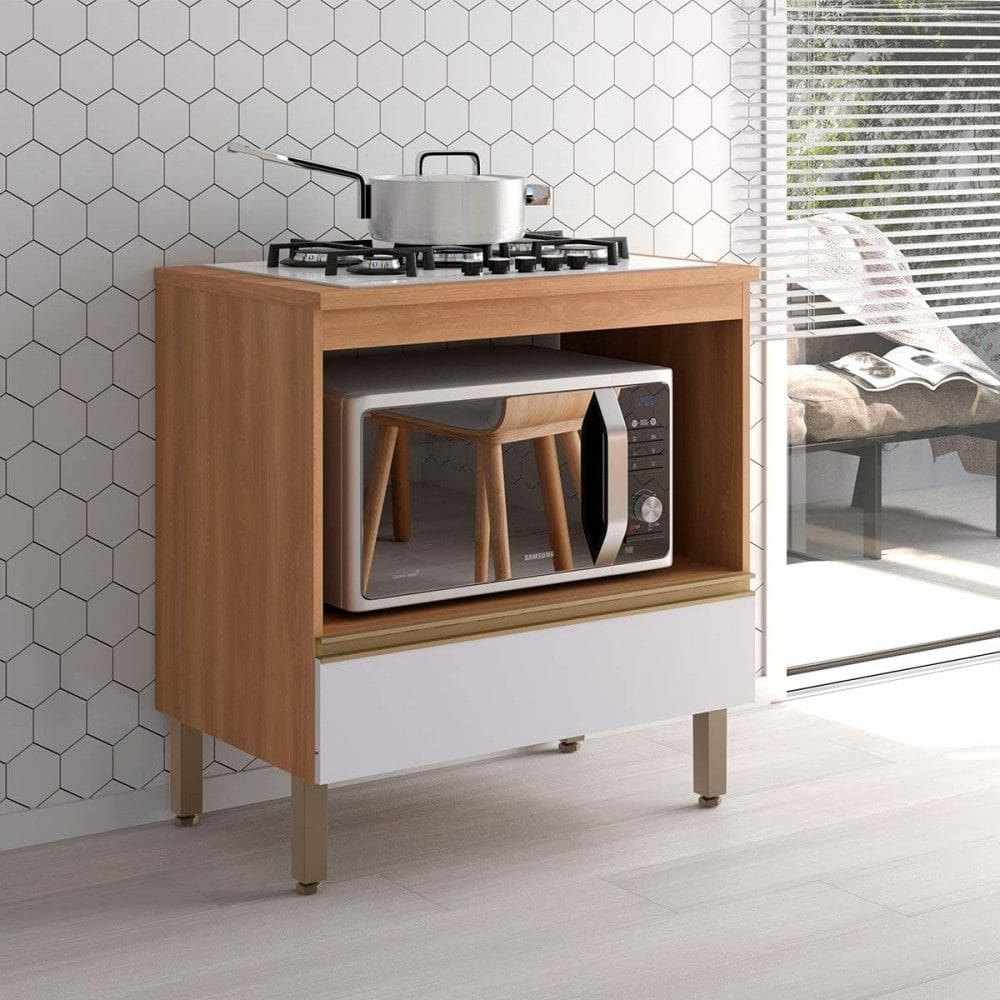 Balcão Armário Macadâmia 800mm Telasul P/Cooktop 5 Bocas Freijó/Branco - Telasul