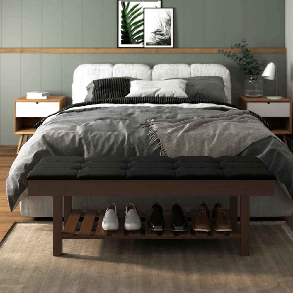 Banco Em Madeira Almofadado Com Sapateira Preto