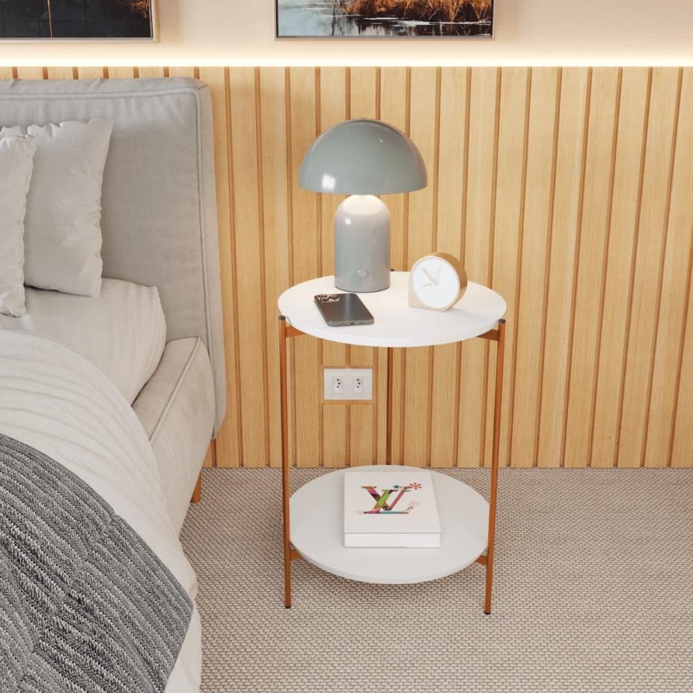 Mesa De Apoio Lateral Nina Branco Com Pés de Ferro Bronze