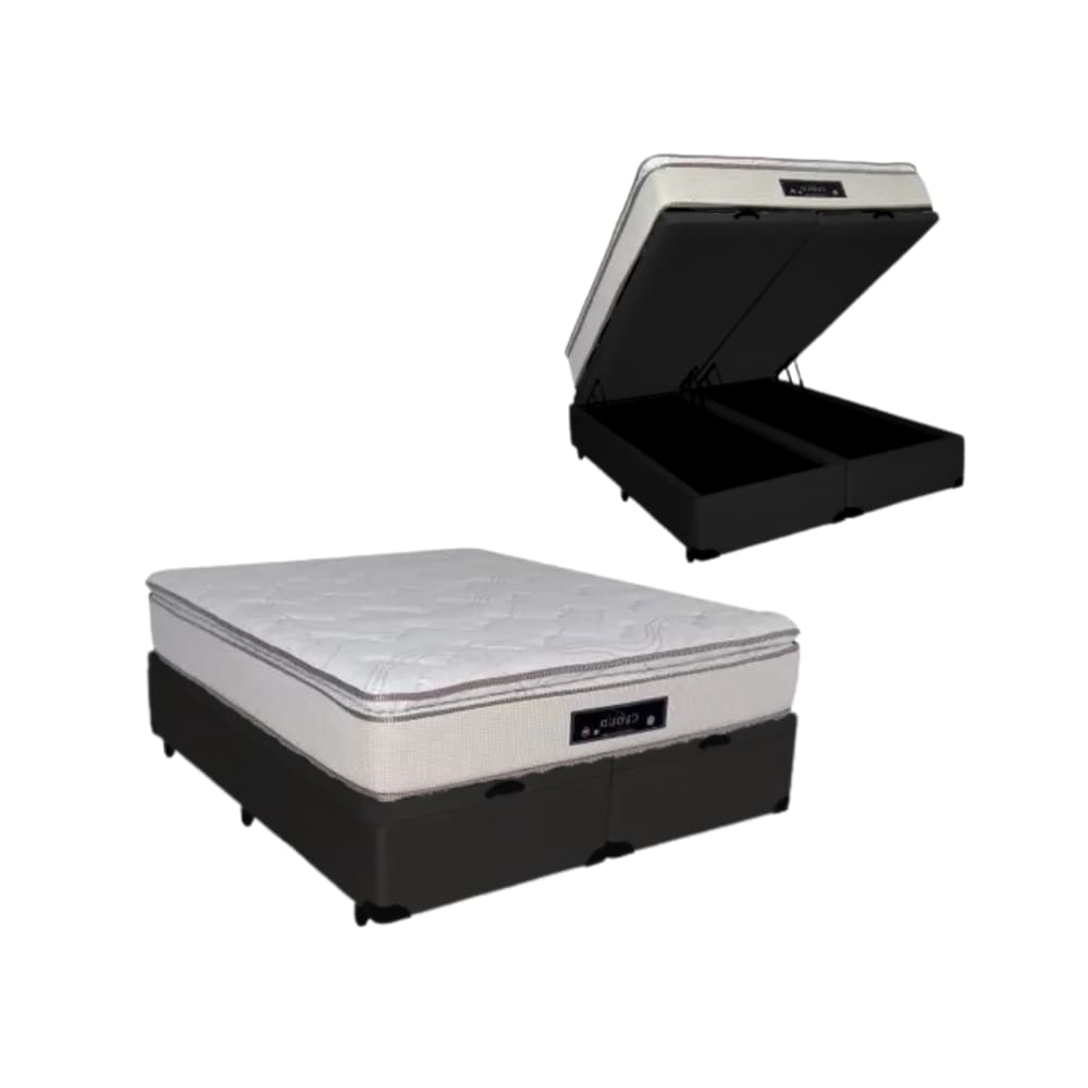 Cama Box Baú Queen Sintético + Colchão Cloud Pillow Top Molas Ensacadas Luckspuma 158x198x74