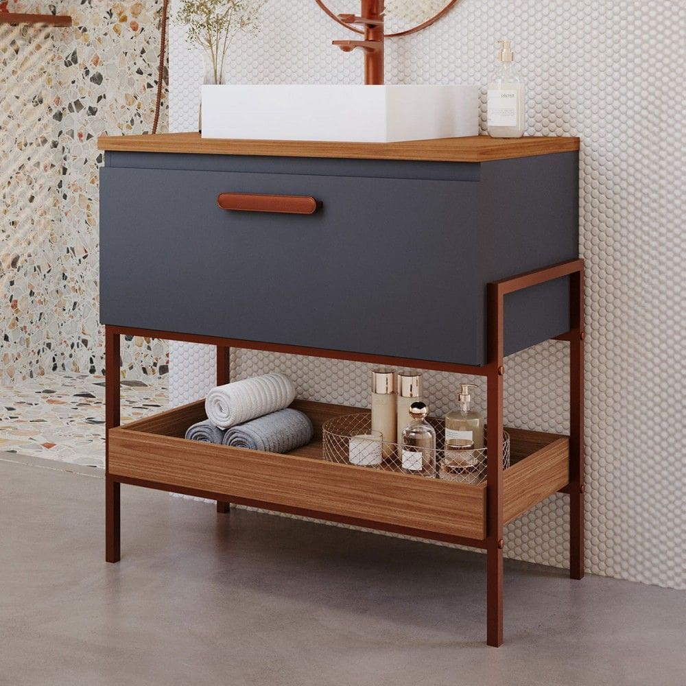 Armário de Banheiro Portinari 80cm 1 Porta 100% Mdf Titanium/Freijó - Mgm Móveis