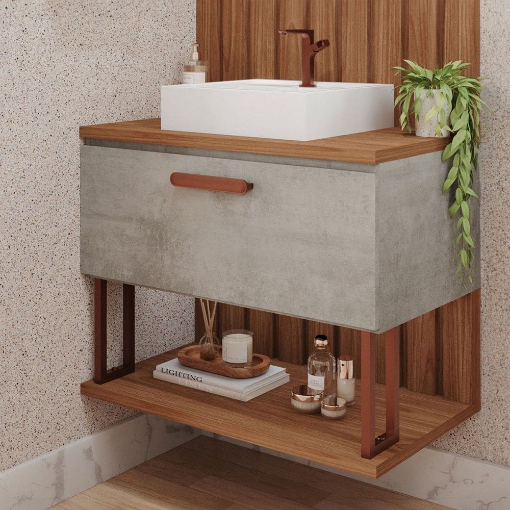 Armário de Banheiro Duna 60cm 1 Porta 100% Mdf Cimento/Freijó - Mgm Móveis