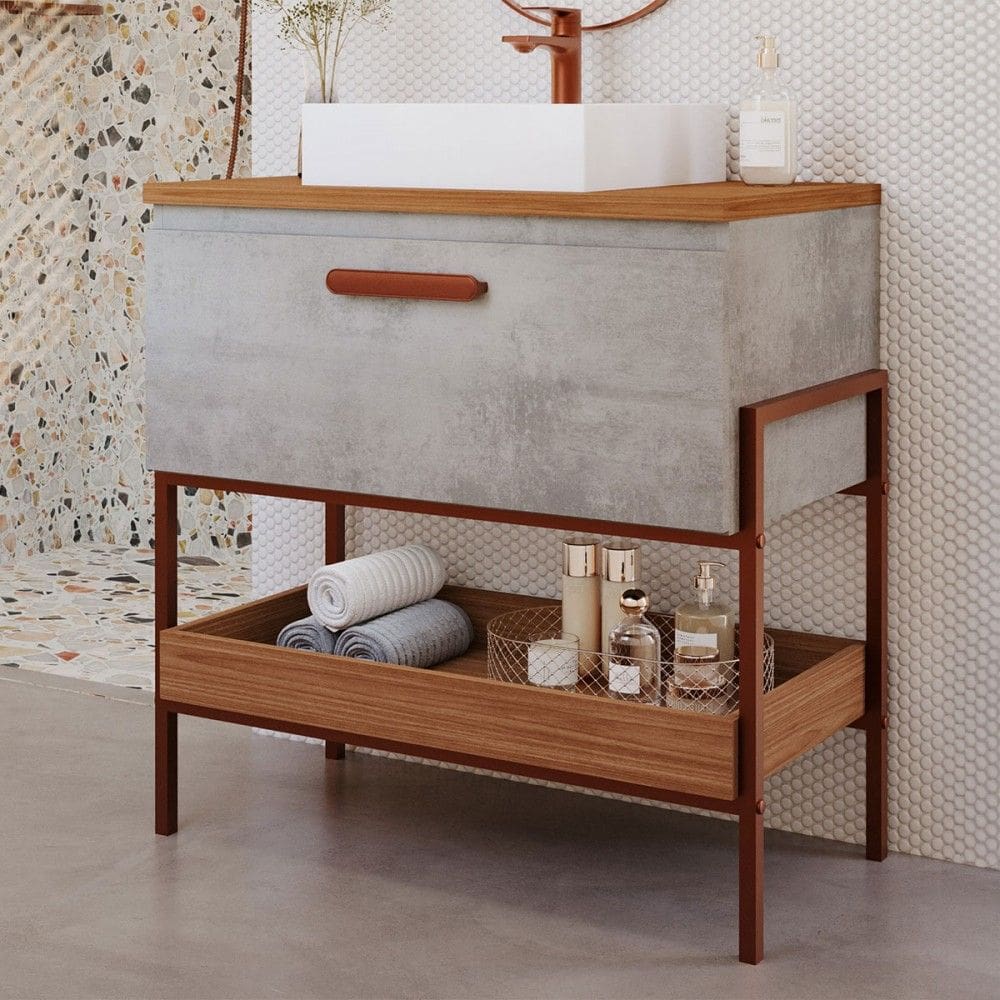 Armário de Banheiro Portinari 80cm 1 Porta 100% Mdf Cimento/Freijó - Mgm Móveis