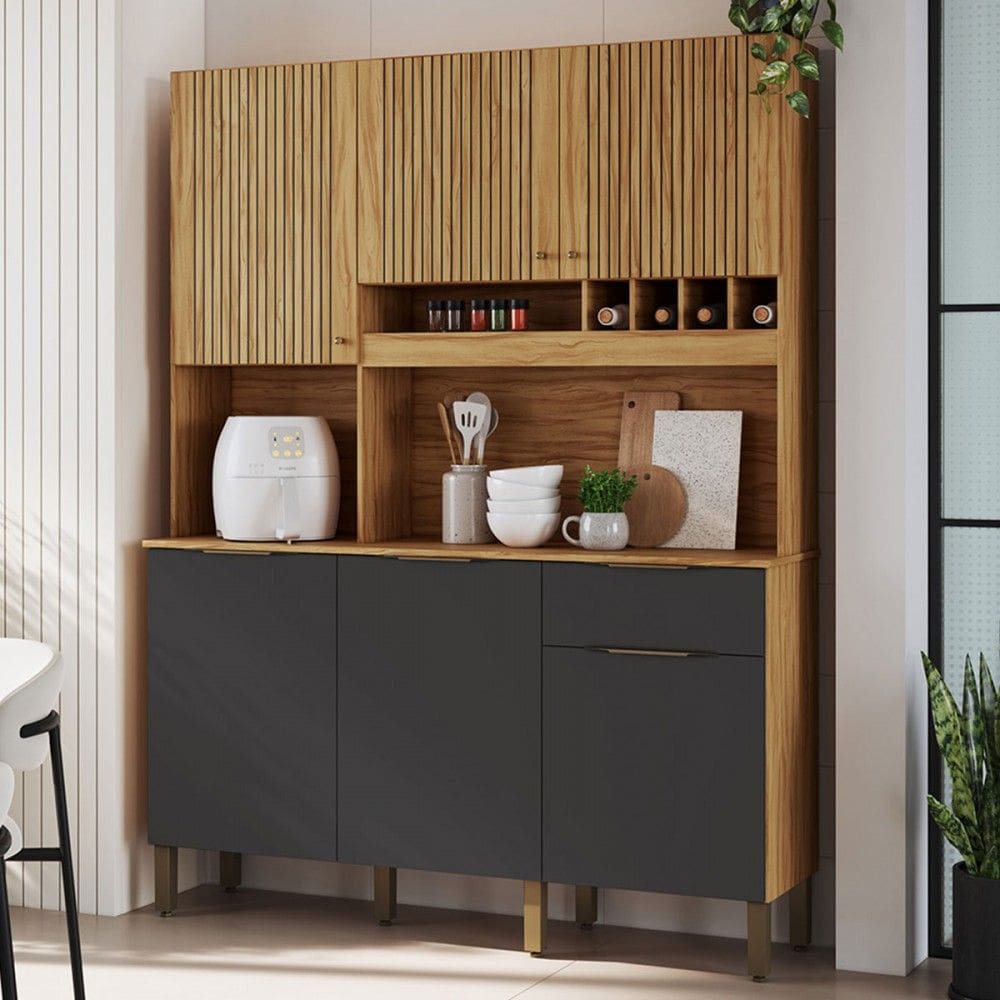 Cozinha Compacta Moscato 6 Portas 1 Gaveta 100% Mdf Amêndoa/Cinza - Rio Doce