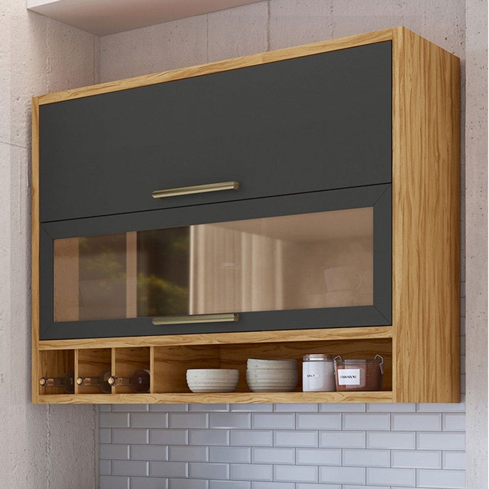 Armário Aéreo Cozinha 120 Cm Syrah 2 Portas com Vidro 100% Mdf Amêndoa/Cinza - Rio Doce