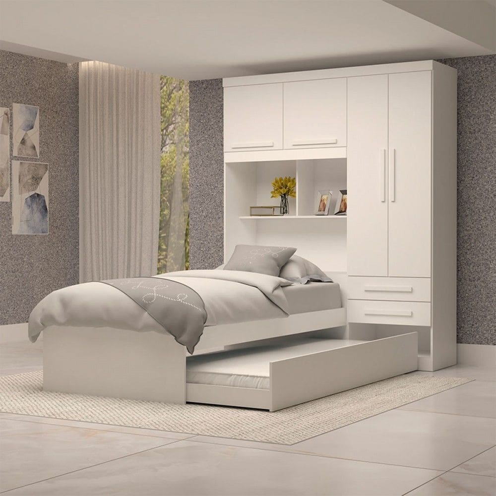 Guarda-Roupa Solteiro com Cama Milena 4 Portas 2 Gavetas 100% Mdf Flex Branco - Acp Móveis