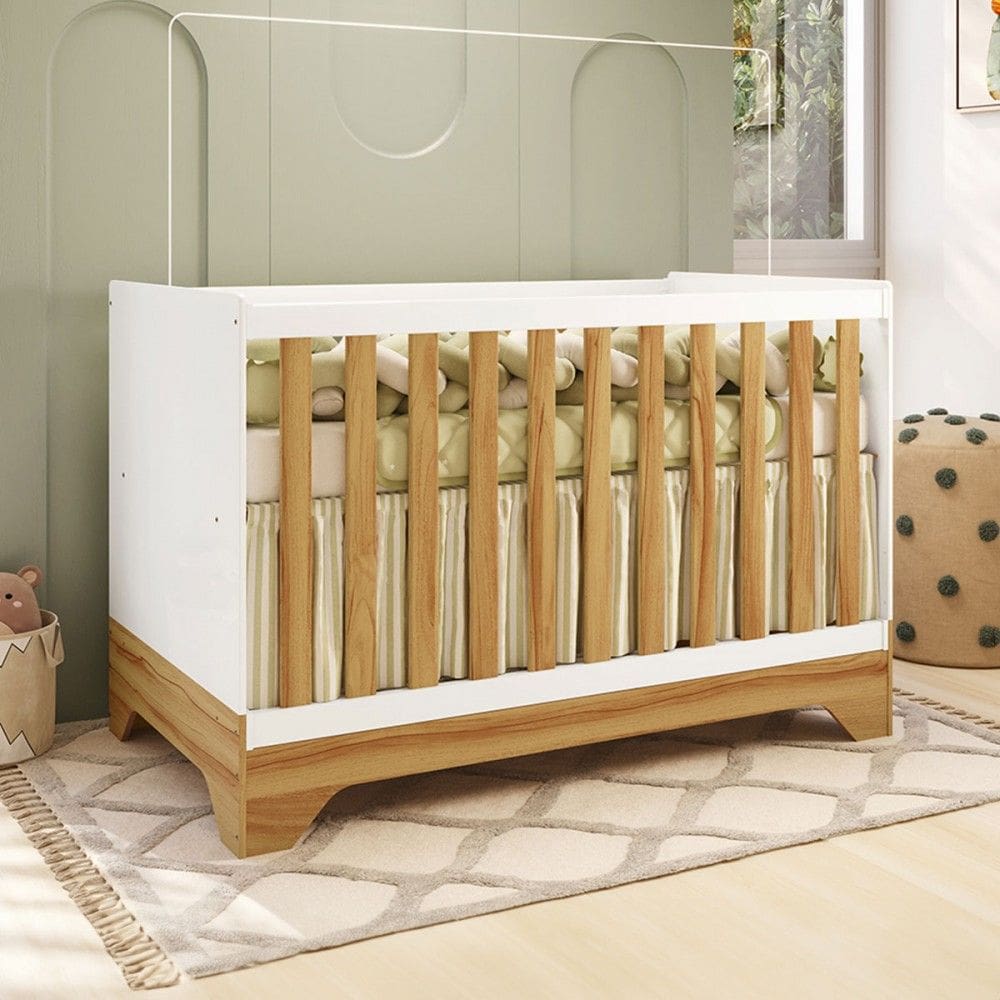 Berço Americano 3 em 1 Popy Retrô 100% Mdf Branco Brilho/Amêndoa - Móveis Peroba