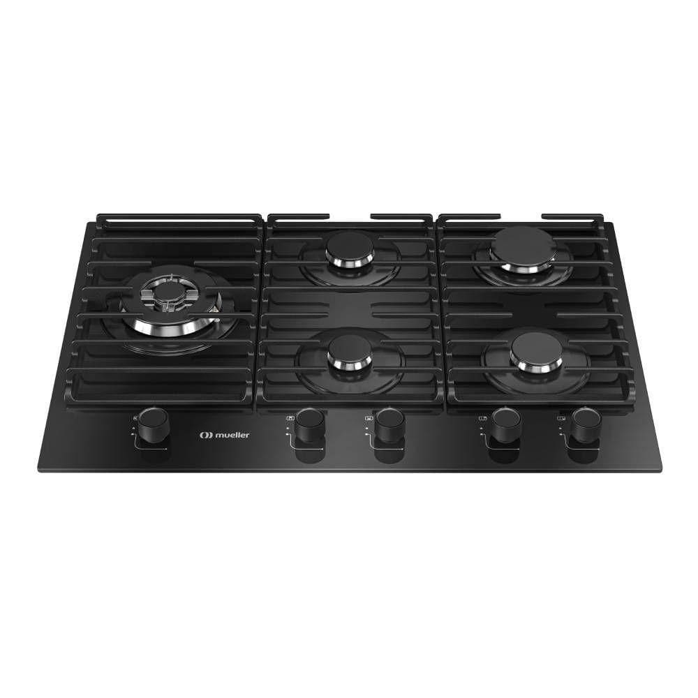 Cooktop Mueller 5 Bocas Vidro Preto Tripla Chama Com Grade Dupla Bivolt MCG5BM