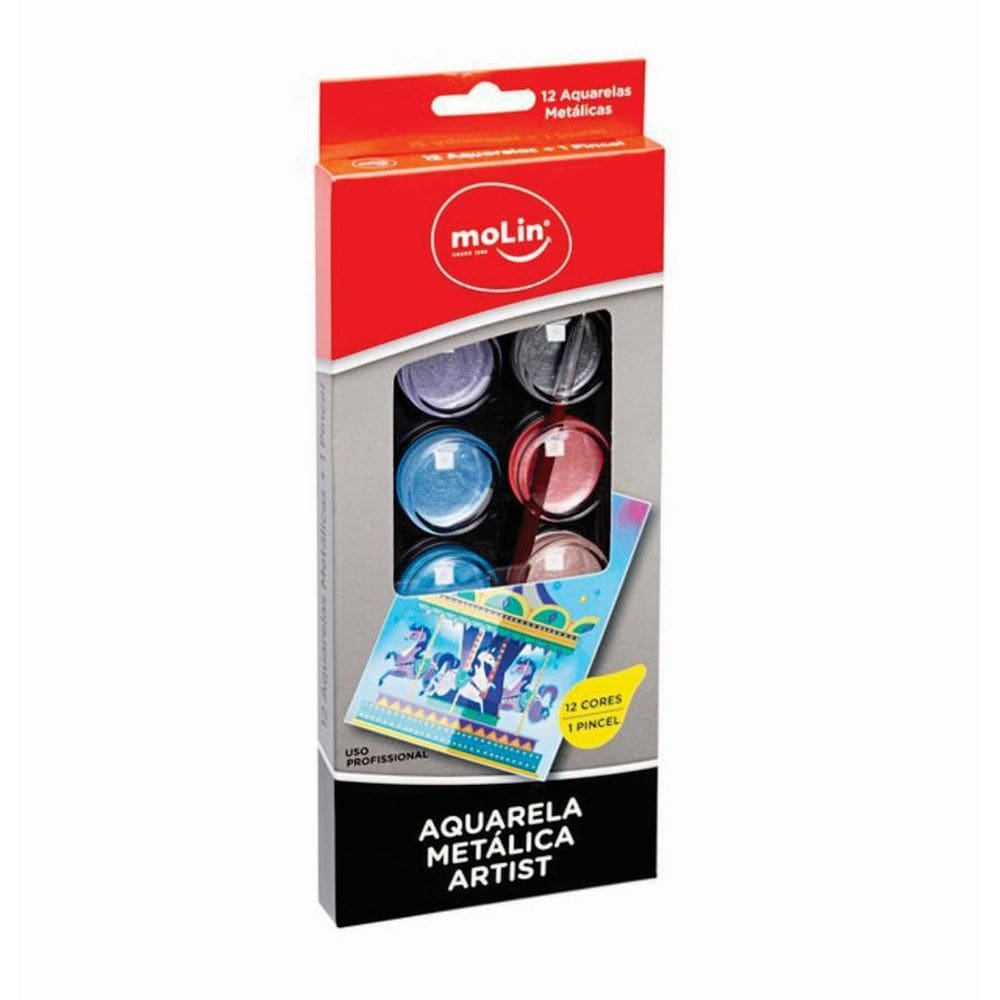 Tinta Molin Aquarela Metálica Artística 12 Cores + Pincel