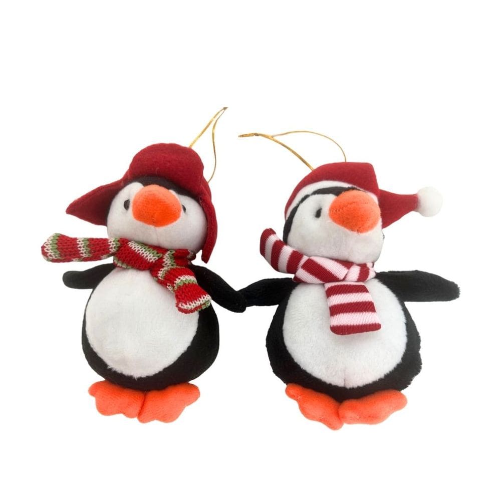 Jogo 2 Pinguins Pelúcia Decorativos Natal com Gorrinho e Cachecol 12cm x 8cm Preto Branco Vermelho