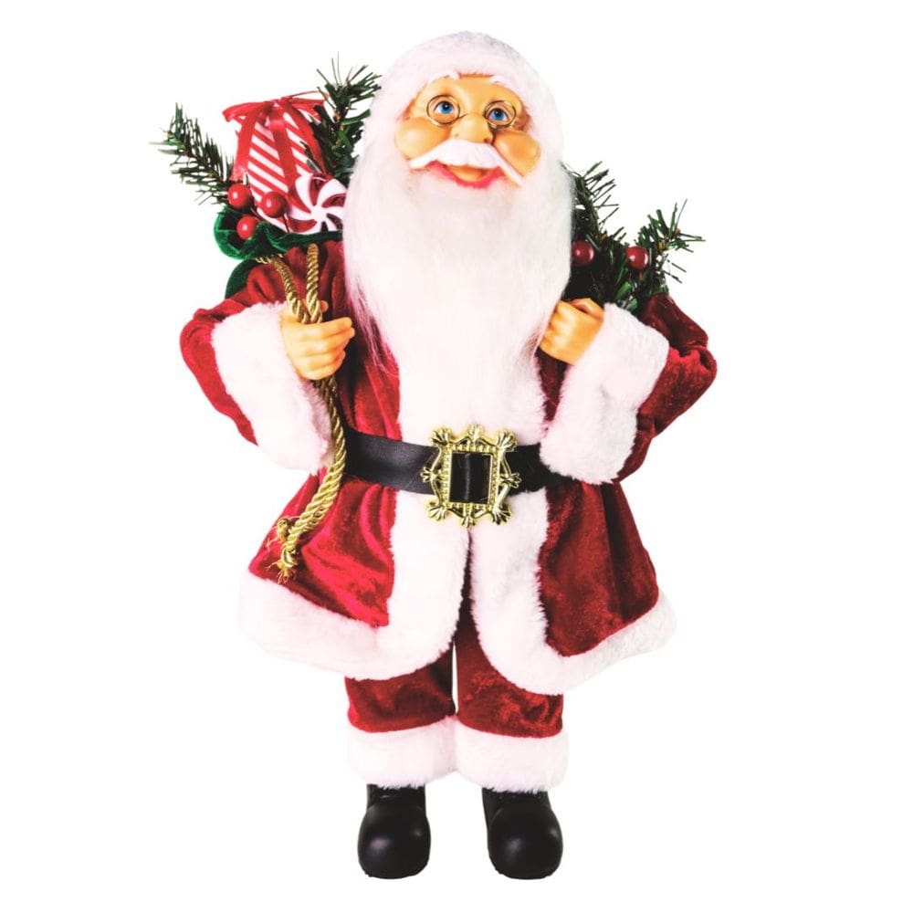 Papai Noel Decorativo Natal 40cm Casaco Veludo Vermelho Premium com Saco de Presentes Verde