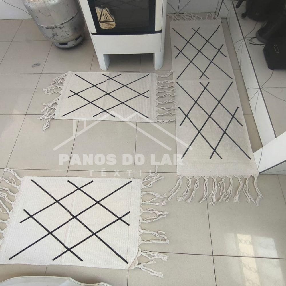 Kit 3 Passadeira Rosa De Cozinha Corredor Estampa Geométrica Tecido Grosso Tear Nozinho 100% Algodão Modelo Linhas Preto