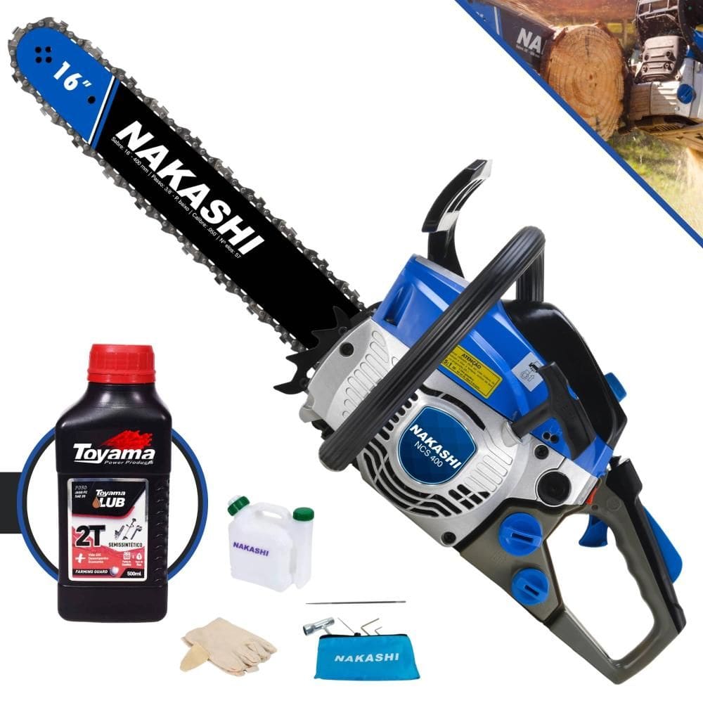 Moto Serra Nakashi NCS-400 À Gasolina 2T 40cc Profissional Com Vela NGK, Carburador Walbro e Carcaça de Alumínio, Sabre 16’` + ÓLEO TOYAMA 2 Tempos
