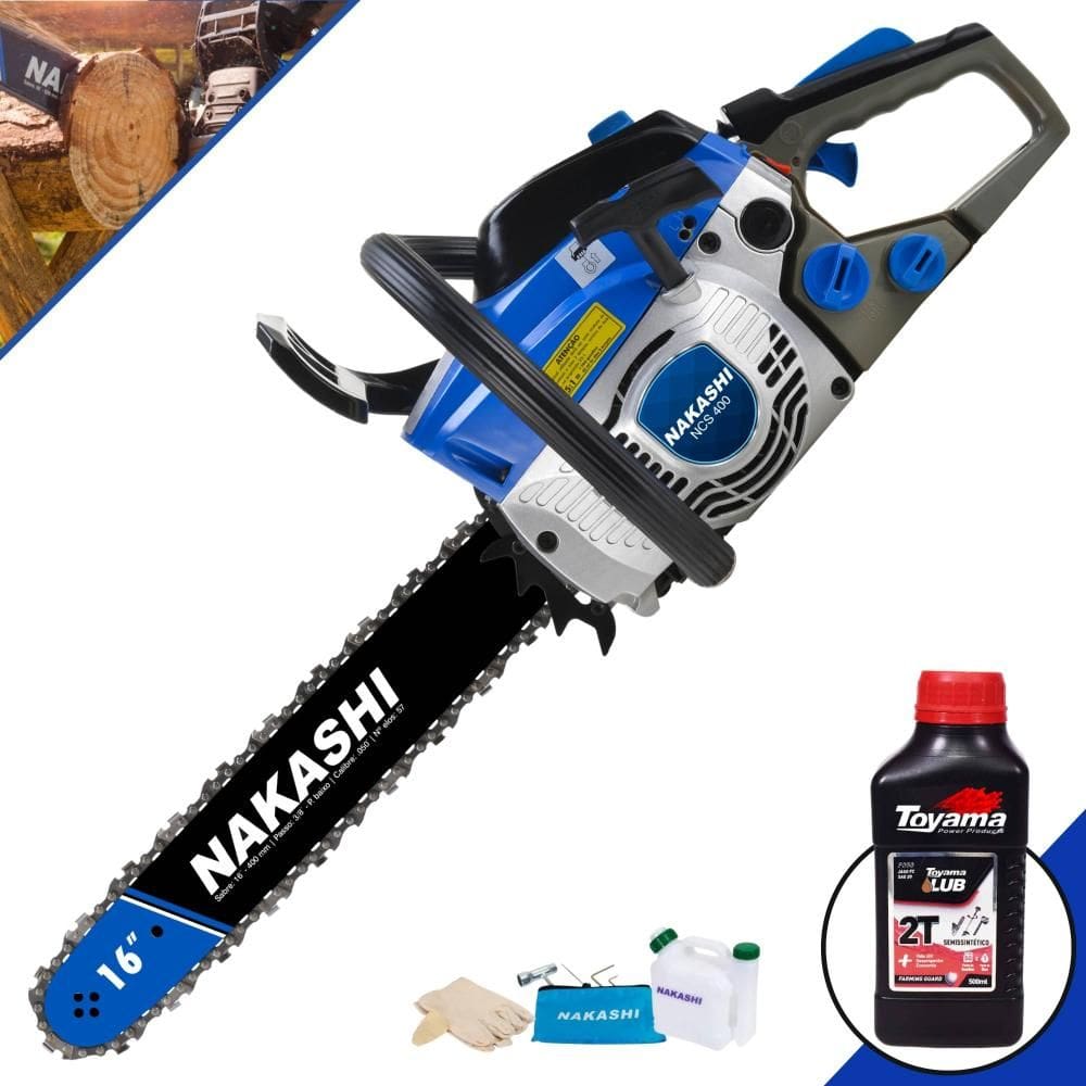 Motor Serra À Gasolina NCS400 Nakashi 40cc Motor 2T Alta Potência, Rotação e Performance, Sabre 16 Polegadas e Corrente 28 Dentes + ÓLEO TOYAMA 2T