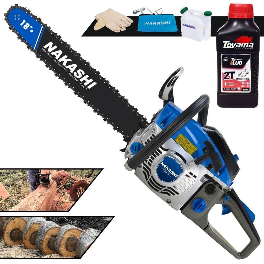 Motorsserra Motosserra Nakashi NCS500 À Gasolina Motor 2T 49,3cc Profissional Sabre 18 Polegadas Com Vela NGK e Carburador Walbro + EXTRA ÓLEO TOYAMA