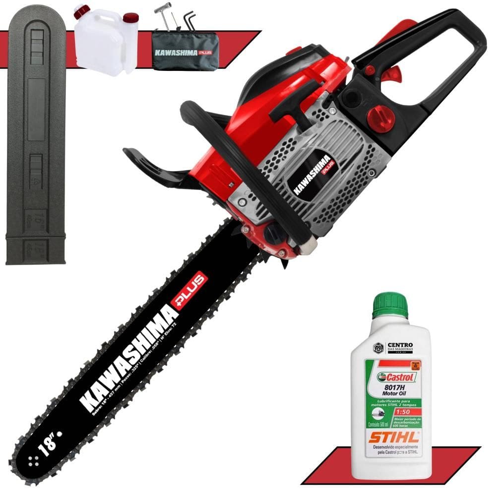 Motorsserra Kawashima KCS500P PLUS À Gasolina Motor 2T 49,3cc de Alta Potência, Rotação e Performance Com Sabre 18 Polegadas + ÓLEO STIHL 8017 EXTRA