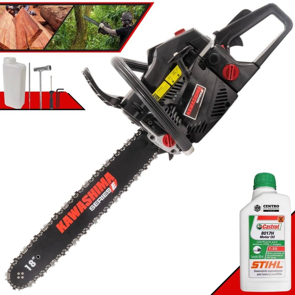 Moto Serra Profissional Kawashima KCS-520E À Gasolina 2T 50,8cc de Alta Potência e Rotação Motosserra Ideal Para Todos os Trabalhos + ÓLEO STIHL 2T