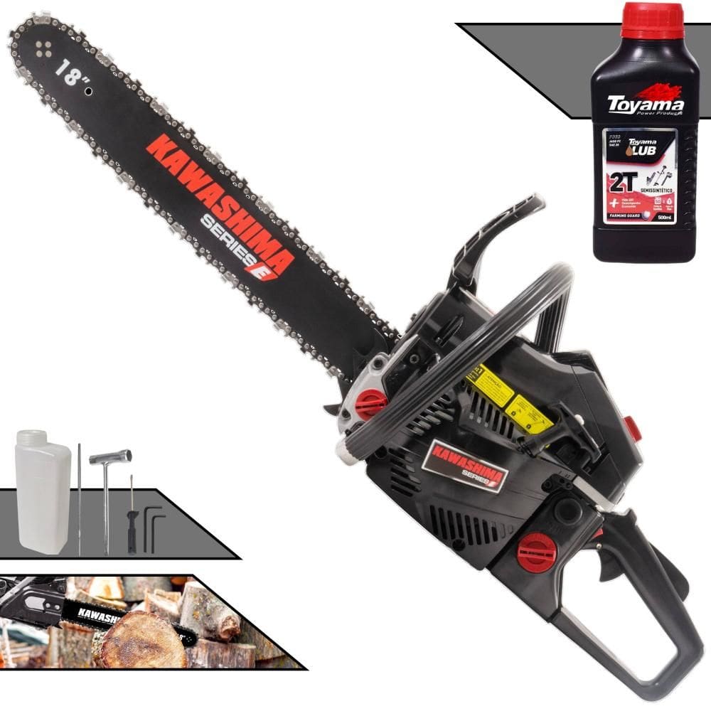 Motorsserra Kawashima KCS520E À Gasolina Motor 2T 50,8cc de Alta Potência, Rotação e Performance Com Sabre 18 Polegadas + ÓLEO TOYAMA FG50 EXTRA