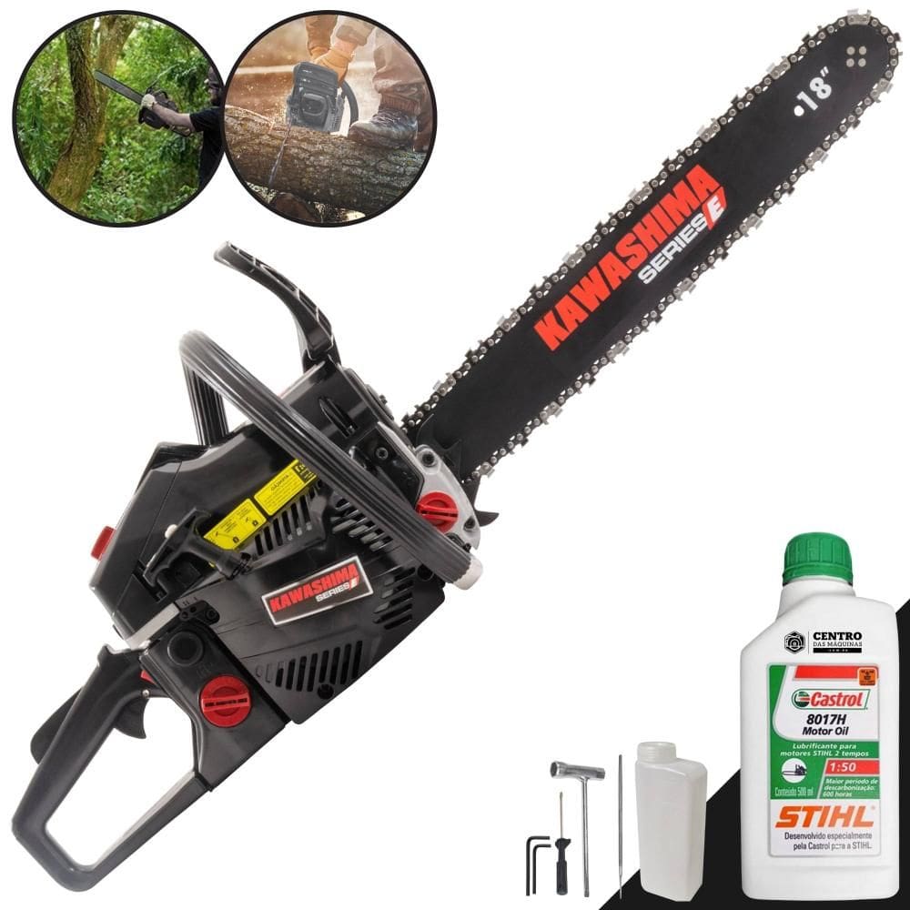 Motosserra Moto Serra Motor Serra Kawashima KCS-580E À Gasolina 2T 54cc Profissional Com Sabre 18’` Ideal Para Corte de Lenha + ÓLEO STIHL 8017 2T