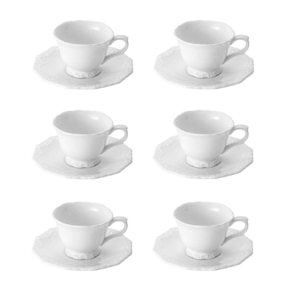 Cj 6 Xícaras P/Café C/Pires Durable Porcelain em Alto Relevo Branco 100ml Wolff