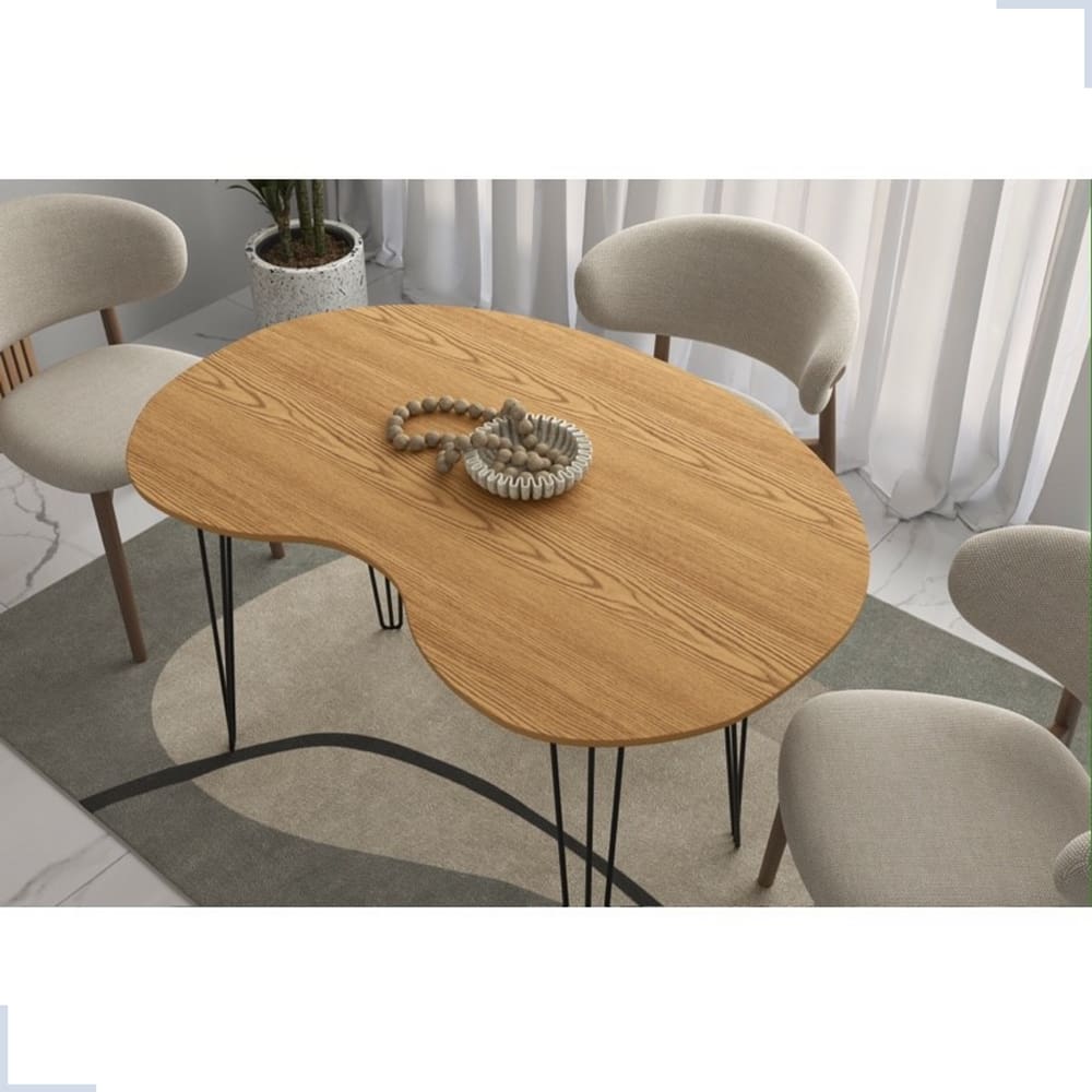 Mesa de Jantar Orgânica 120cm x 80cm Formato Grão Tampo Madeirado Pés Preto - Rede Móveis