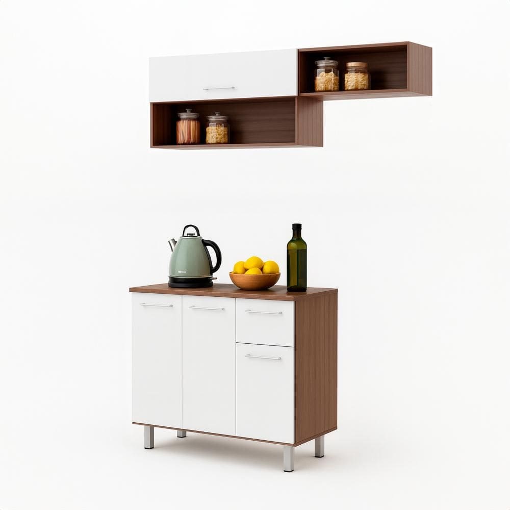 Armário de Cozinha Compacta 150cm com Armário e Balcão 4 Portas 1 Gaveta BCO05 Marrom/Branco - BRV Móveis