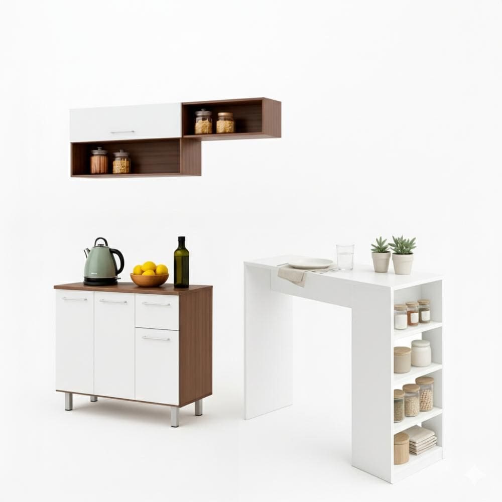 Armário de Cozinha Compacta 150cm 4 Portas 1 Gaveta + Bancada Gourmet 3 Prateleiras Marrom/Branco - BRV Móveis