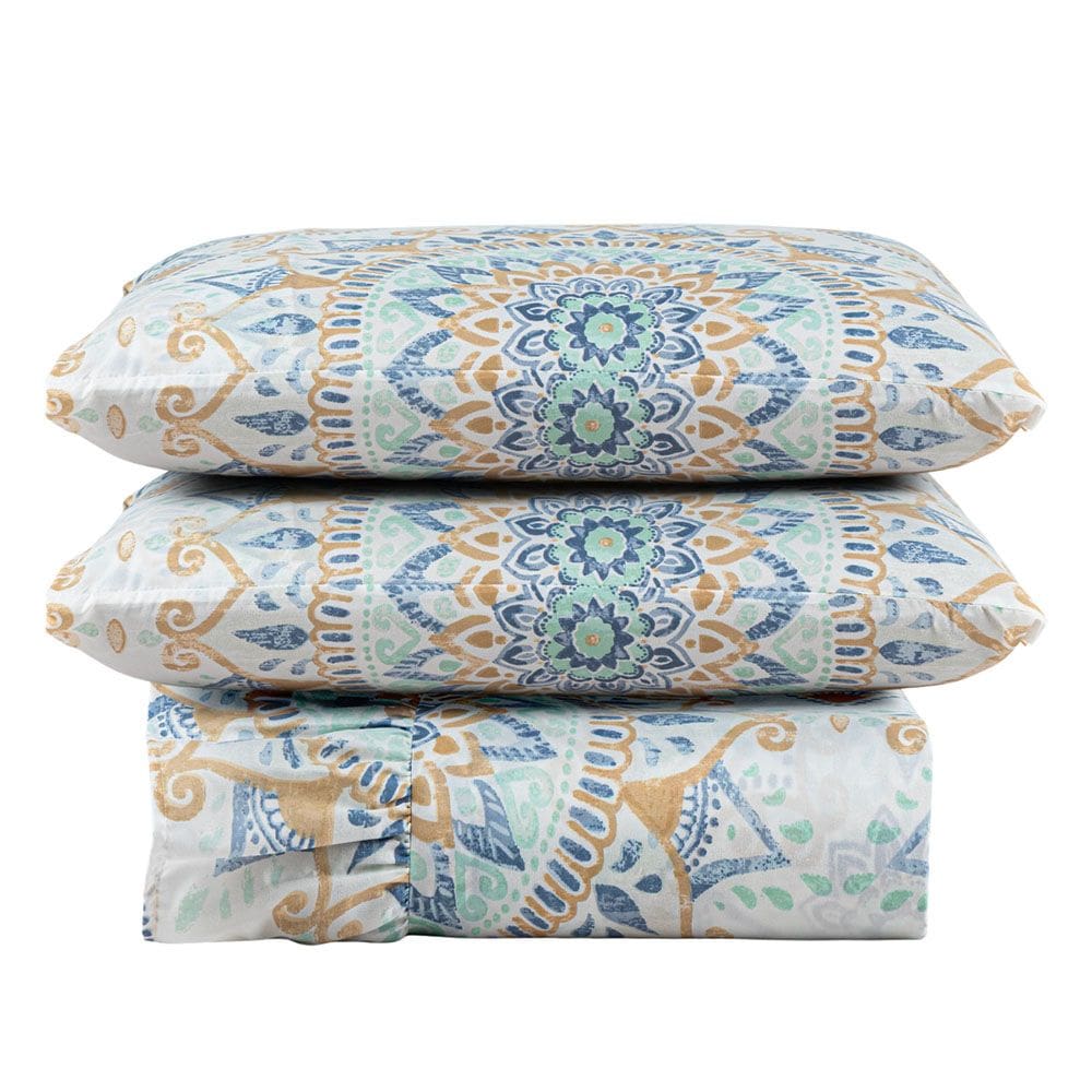 Kit Cobre Leito Colcha Turin Casal Estampada c/ Babado 400 Fios 3 Peças Mandala Azul Bege - 100% Poliéster