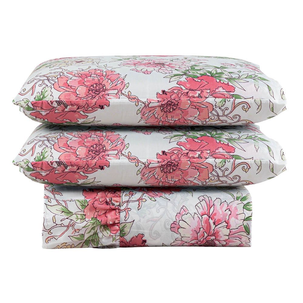 Kit Cobre Leito Colcha Turin Casal Estampada c/ Babado 400 Fios 3 Peças Flores Floral Rosa