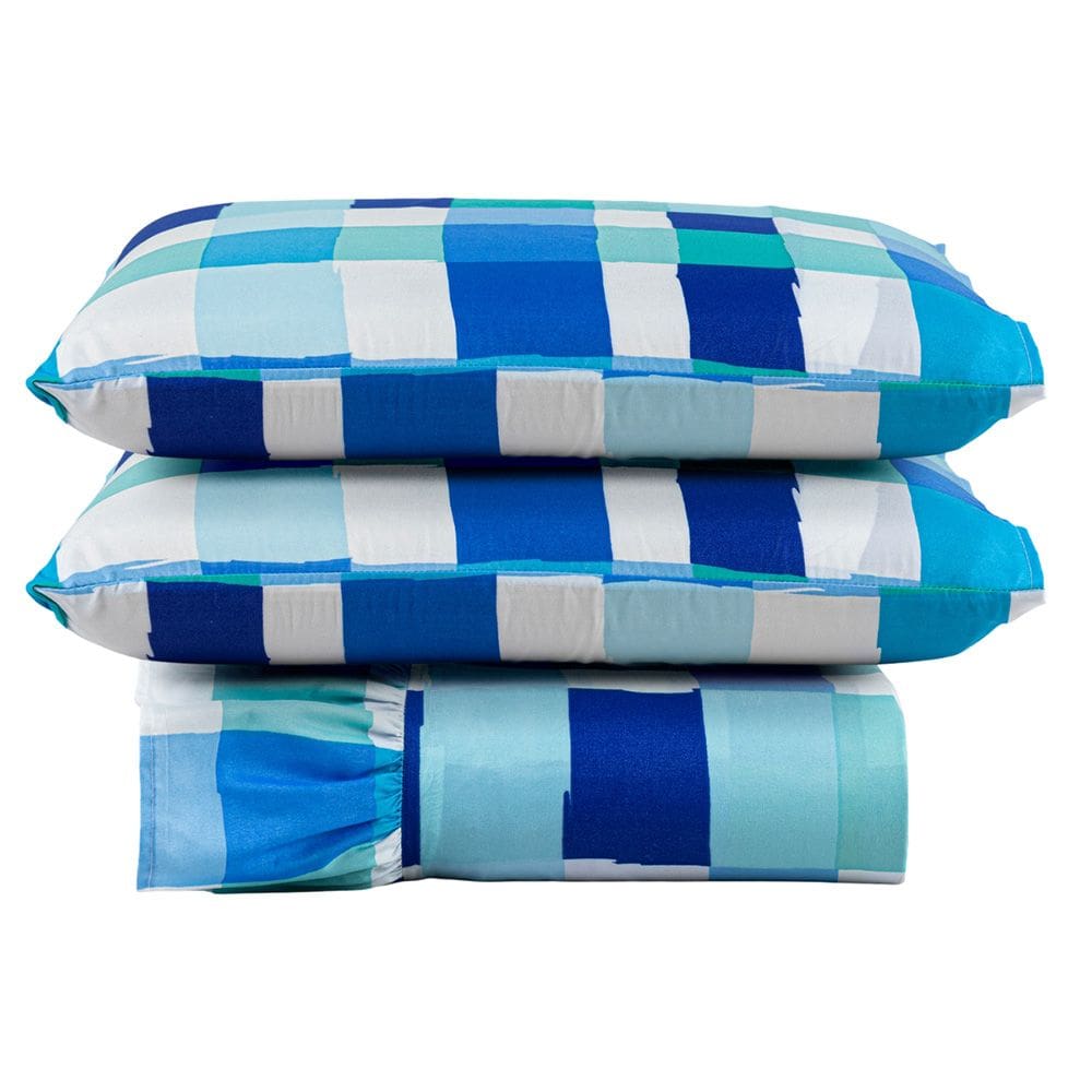 Kit Cobre Leito Colcha Turin Casal Estampada c/ Babado 400 Fios 3 Peças Xadrez Quadriculado Azul