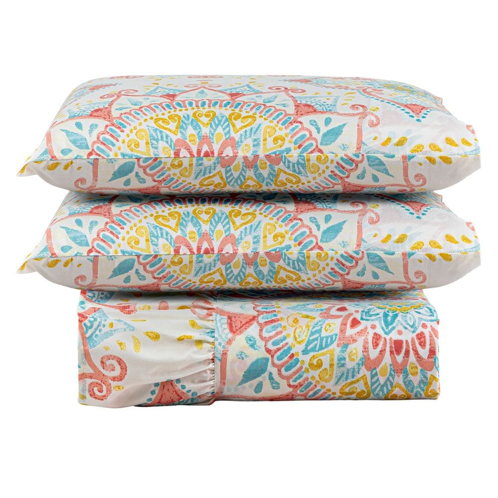 Kit Cobre Leito Colcha Turin Casal Estampada c/ Babado 400 Fios 3 Peças Mandala Vermelha Bege