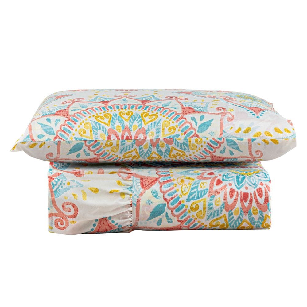 Kit Cobre Leito Colcha Turin Solteiro Estampada c/ Babado 400 Fios 2 Peças Mandala Vermelha Bege