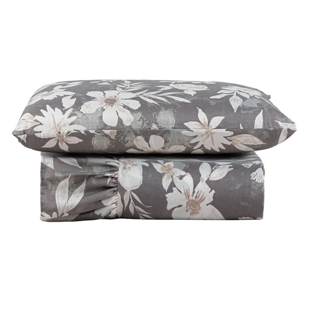 Kit Cobre Leito Colcha Turin Solteiro Estampada c/ Babado 400 Fios 2 Peças Florido Flores Cinza