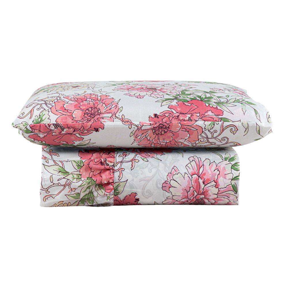 Kit Cobre Leito Colcha Turin Solteiro Estampada c/ Babado 400 Fios 2 Peças Flores Floral Rosa