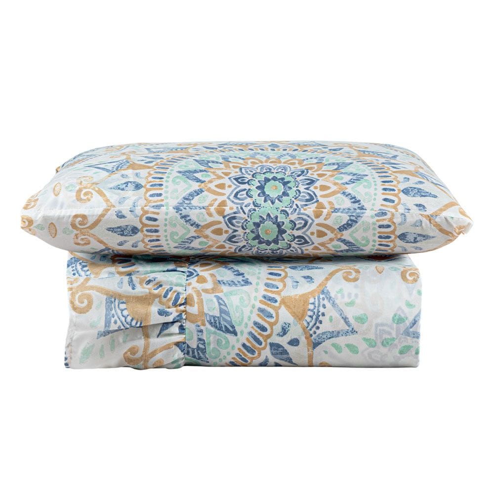 Kit Cobre Leito Colcha Turin Solteiro Estampada c/ Babado 400 Fios 2 Peças Mandala Azul Bege