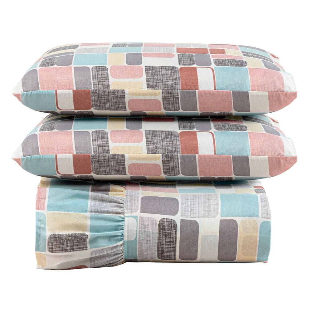 Kit Cobre Leito Colcha Turin Queen Estampada c/ Babado 400 Fios 3 Peças Pastilhas Coloridas Rosê