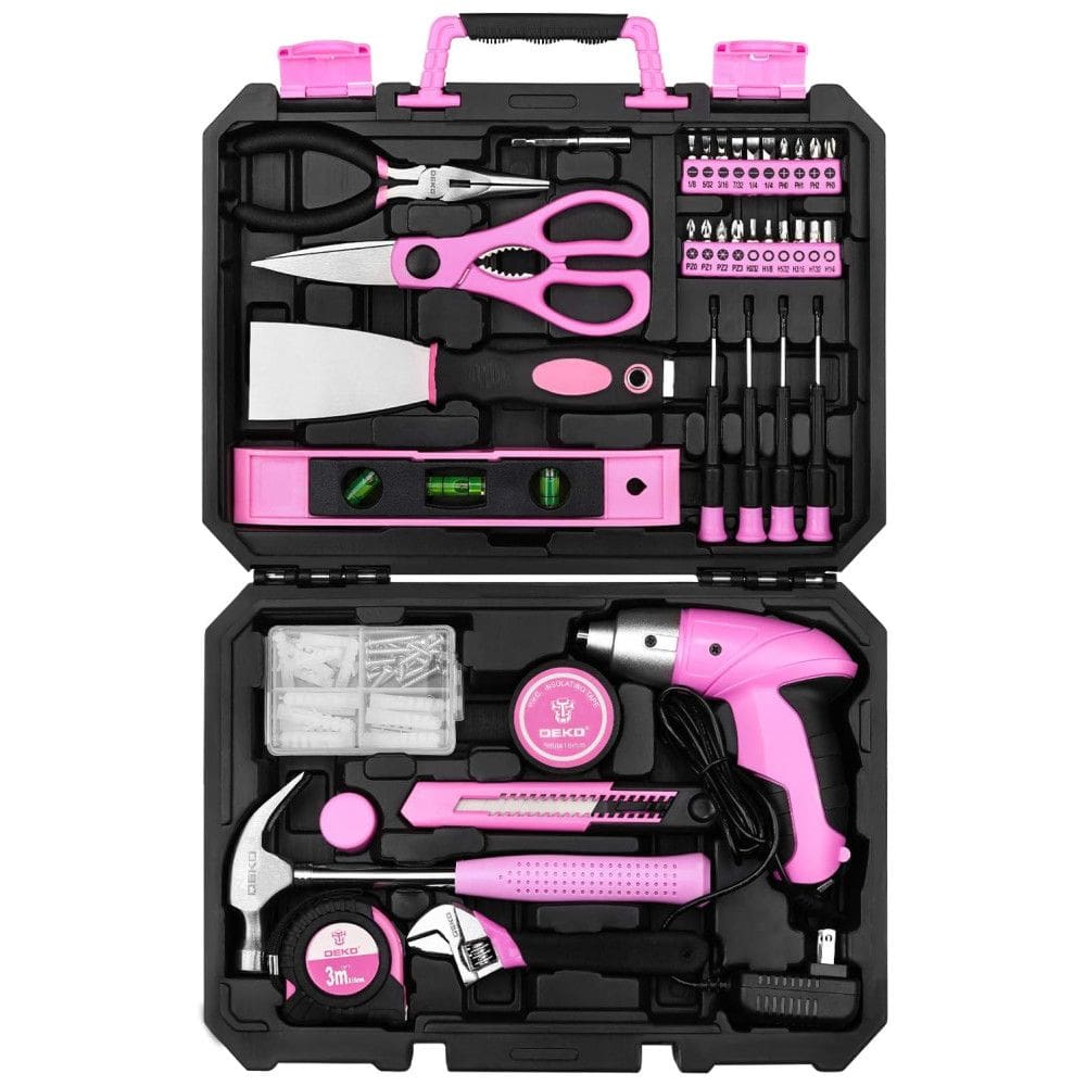 Kit de Ferramentas com Maleta de Transporte e Parafusadeira, 98 Peças, 110v, DEKO, Rosa