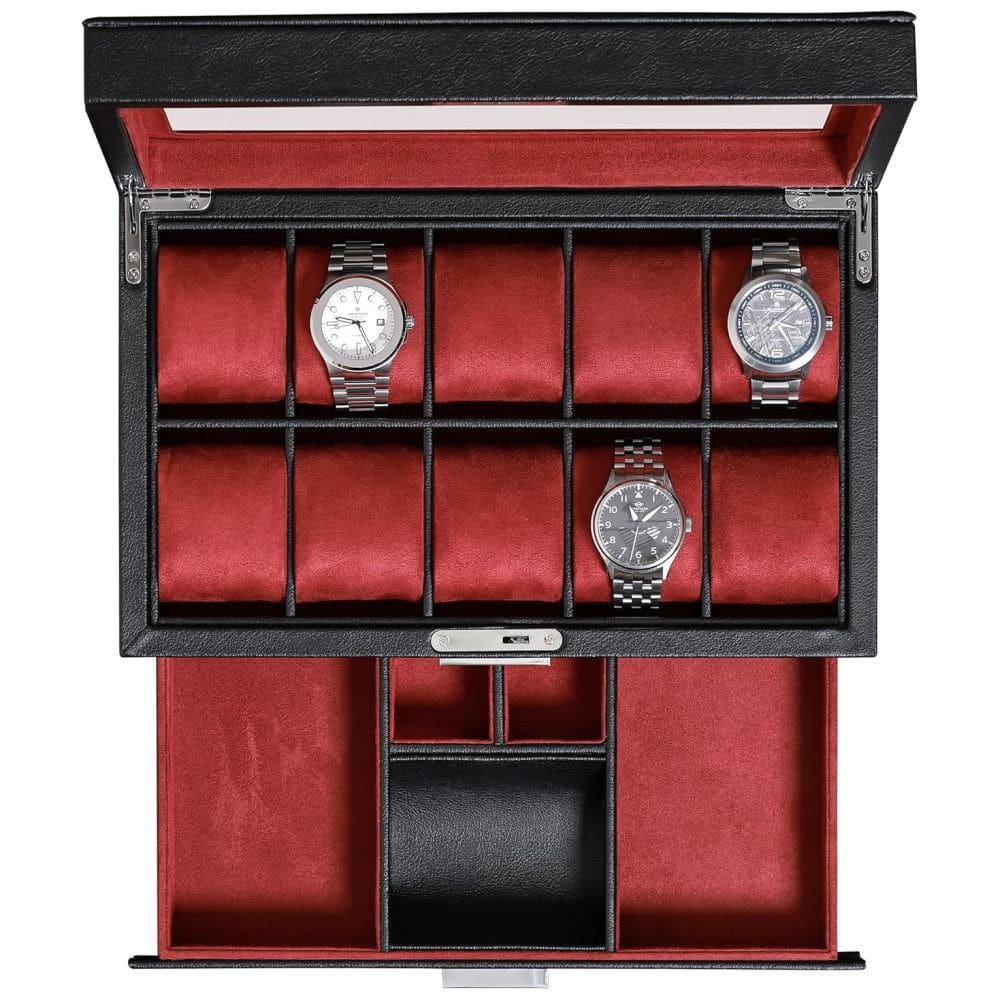 Caixa, Estojo de Couro com Gaveta de Manobrista para Relógios com 10 Compartimentos, ROTHWELL, Preto e Vermelho