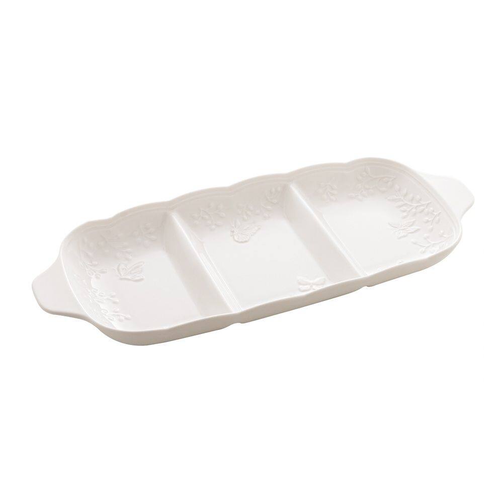 Petisqueira de Porcelana New Bone C/3 Divisórias Butterfly Flower Branco 34x14,5cm Lyor
