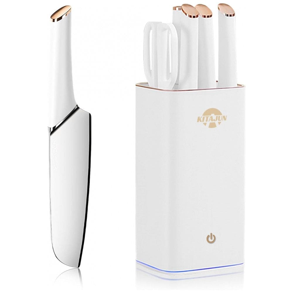 Conjunto de Facas Inteligente em Aço Inoxidável com Bloco de Bancada e Afiador Embutido, 6 Peças, ZEEKMUSS, Branco