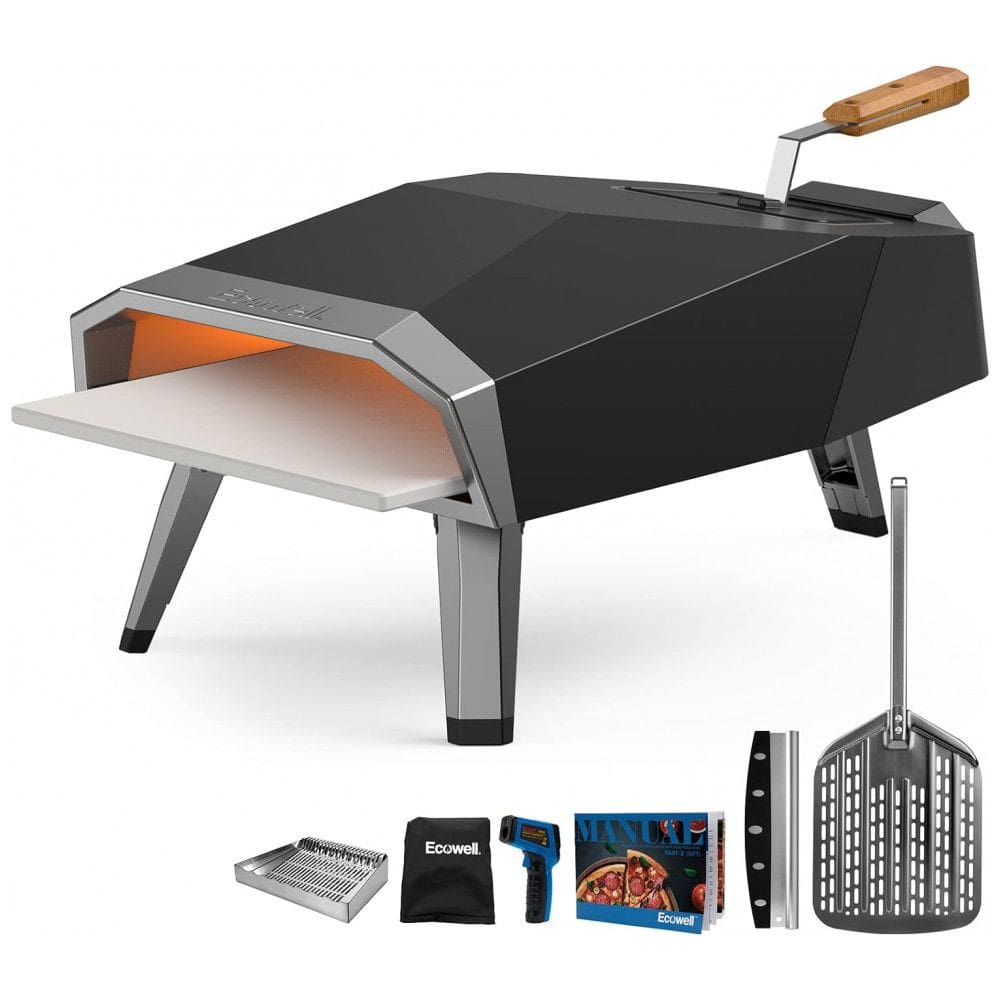Forno de Pizza a Gás Portátil com Pedra, Descascador, Cortador de Pizza, Termômetro Infravermelho e Tampa , Ecowell EPO12L, Preto