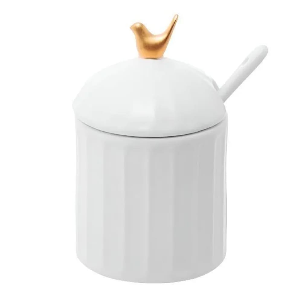 Açucareiro de Cerâmica C/Colher Colibri Branco 10,5x7cm Wolff