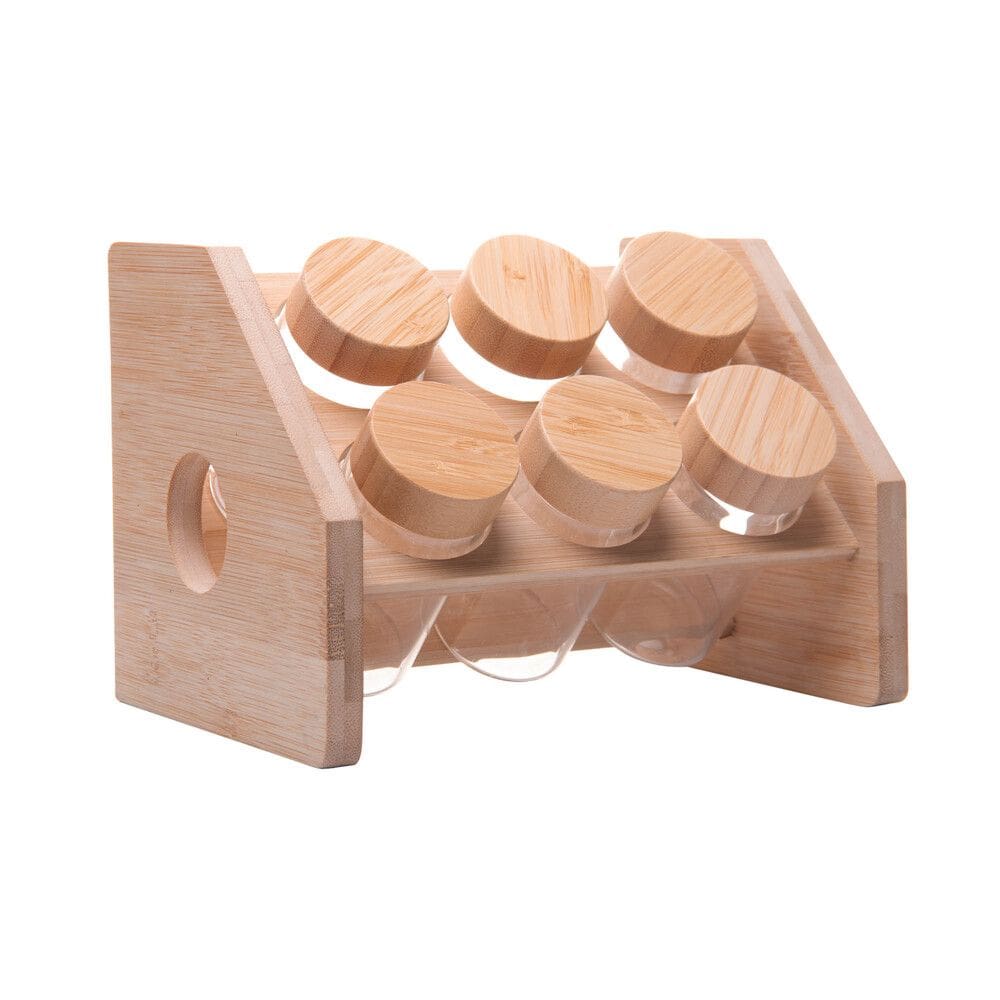 Cj 6 Potes de Vidro P/Temperos e Condimentos C/Tampa e Rack de Bambu Wolff