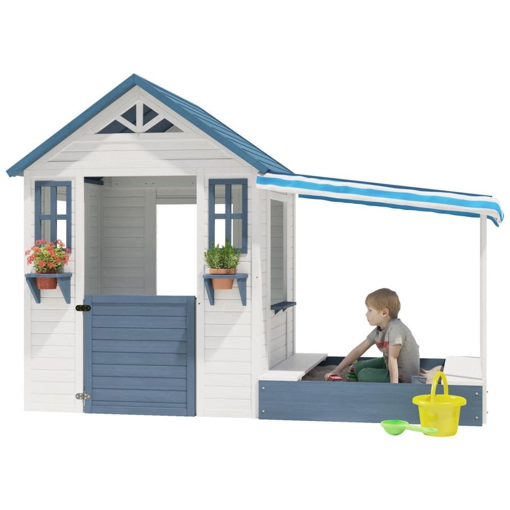 Casinha Infantil de Madeira para Área Externa com Caixa de Areia Lateral e Suporte para Vasos de Plantas para Crianças de 3 a 10 Anos