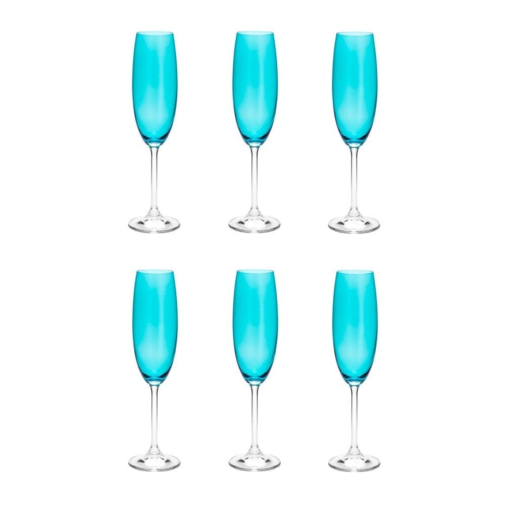 Cj 6 Taças de Cristal P/Champanhe Colibri Turquesa 220ml Bohemia